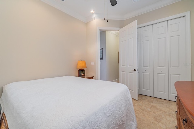 carpeted bedroom featuring ceiling fan and ornamental molding