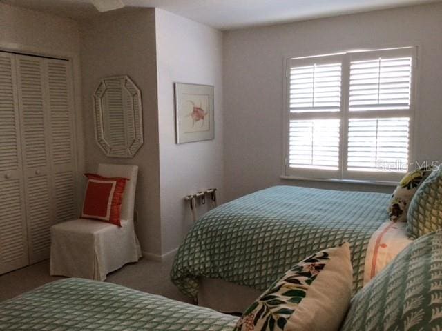 bedroom featuring light colored carpet and a closet