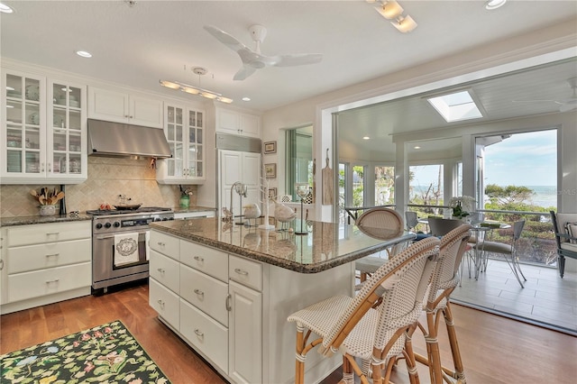 kitchen featuring premium appliances, white cabinets, a kitchen island with sink, dark hardwood / wood-style floors, and a skylight