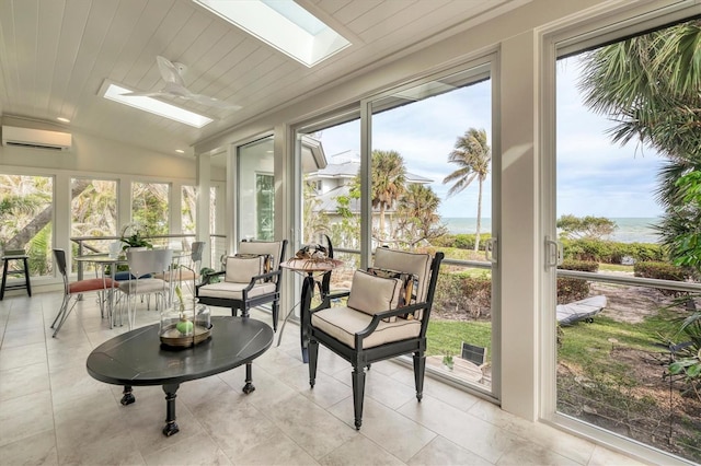 sunroom featuring wooden ceiling, a water view, a wall unit AC, and lofted ceiling with skylight