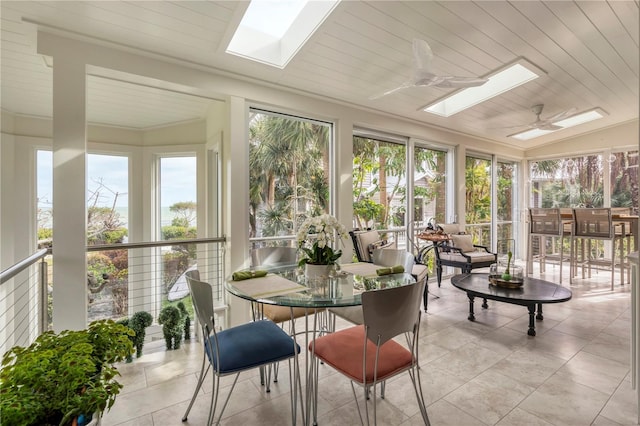 sunroom / solarium featuring ceiling fan, wood ceiling, and vaulted ceiling