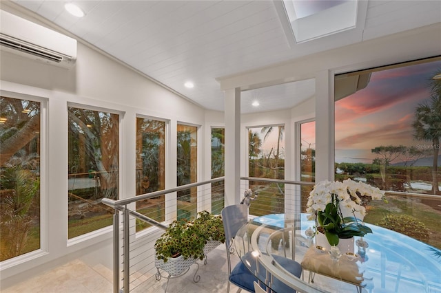 sunroom / solarium with wood ceiling, a wall mounted AC, and lofted ceiling