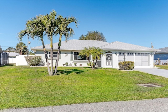 single story home featuring a front yard and a garage