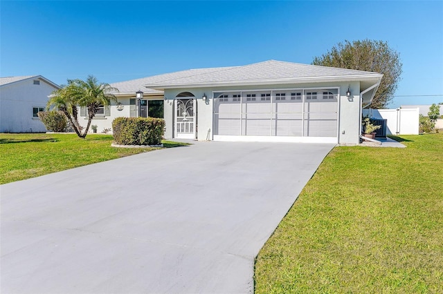 ranch-style house featuring a garage and a front lawn