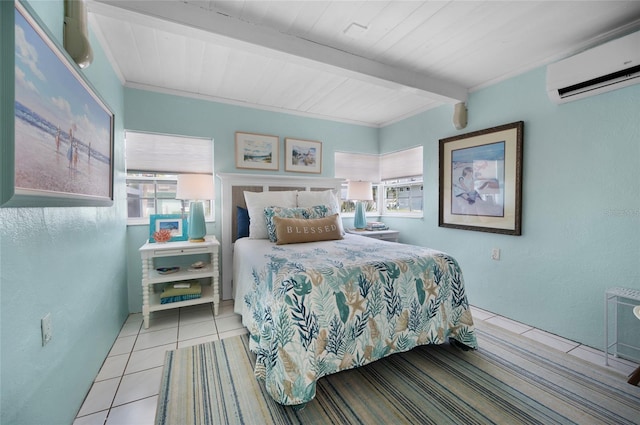 tiled bedroom with a wall mounted air conditioner and beam ceiling