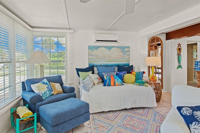 tiled bedroom featuring a wall mounted air conditioner