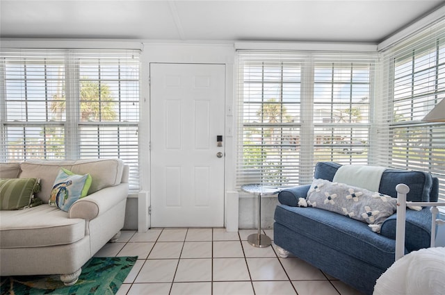 living area featuring light tile patterned floors