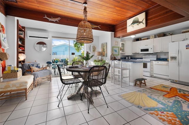 dining space with light tile patterned floors, beam ceiling, a wall mounted air conditioner, and wood ceiling