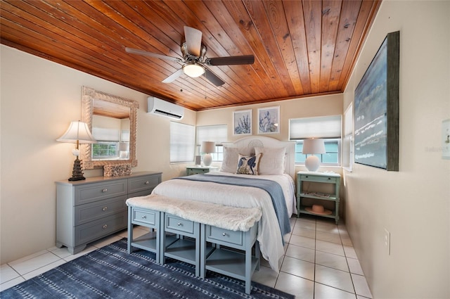 bedroom with wooden ceiling, light tile patterned floors, and a wall mounted AC