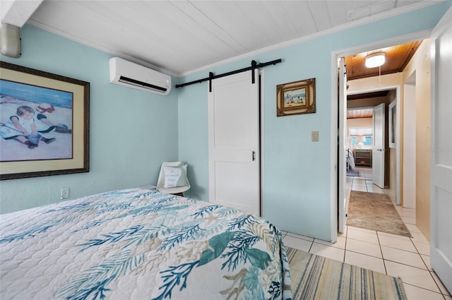 bedroom featuring light tile patterned floors, a barn door, wooden ceiling, ornamental molding, and a wall mounted AC