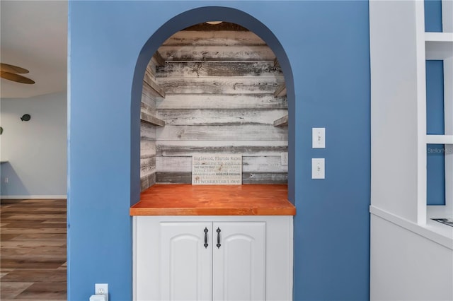 details with ceiling fan and wood-type flooring