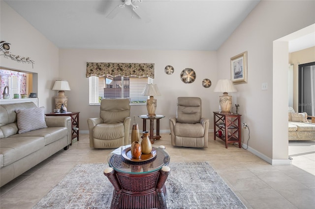 living room with lofted ceiling and ceiling fan