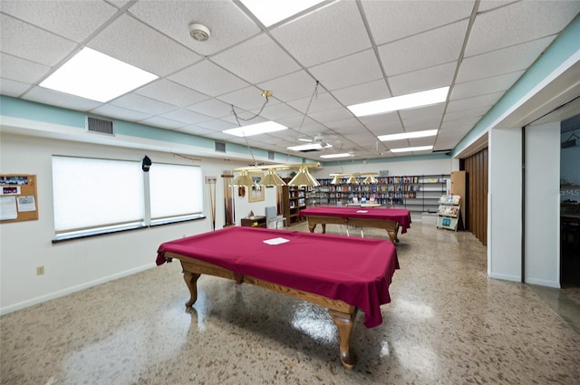 recreation room with a paneled ceiling and billiards