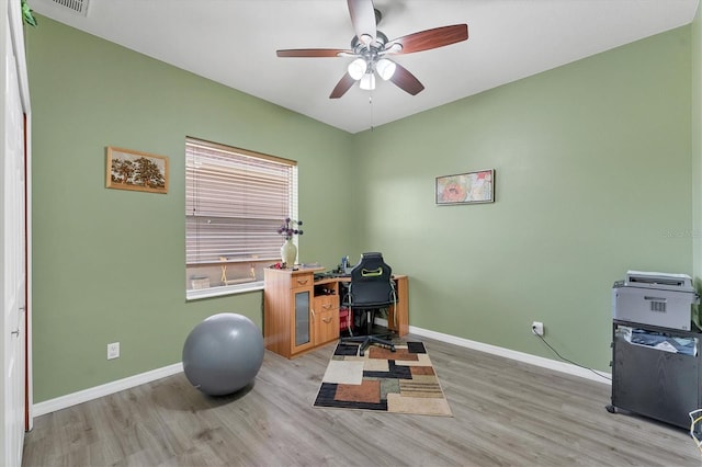 office area featuring ceiling fan and light hardwood / wood-style floors