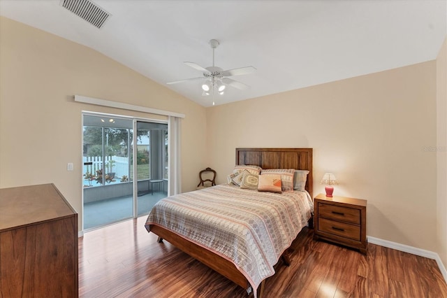 bedroom featuring lofted ceiling, hardwood / wood-style floors, ceiling fan, and access to outside