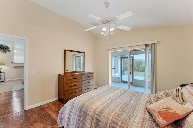 bedroom with wood-type flooring, access to exterior, ceiling fan, and vaulted ceiling