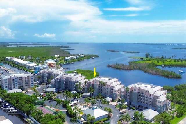 drone / aerial view featuring a water view