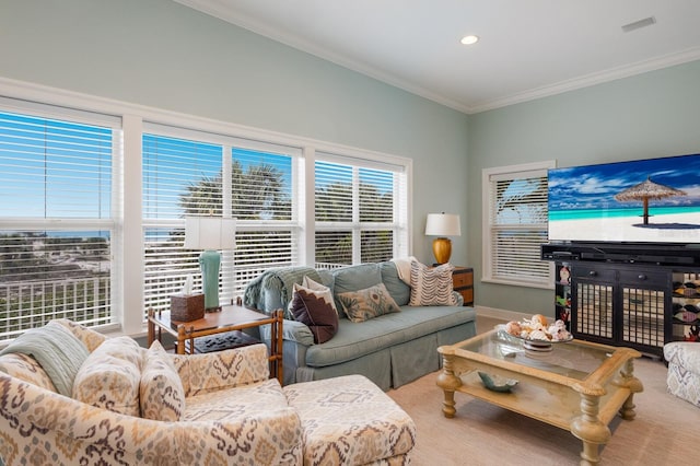 living room with ornamental molding