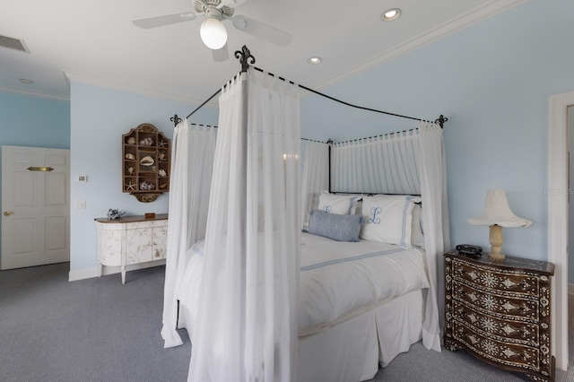 bedroom featuring ceiling fan, carpet floors, and crown molding