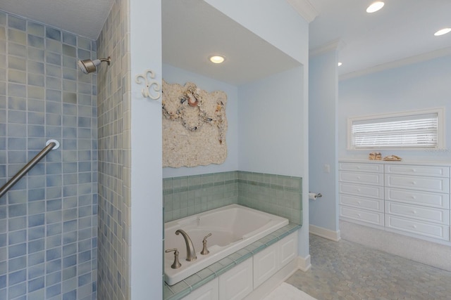 bathroom with tiled bath, tile patterned floors, and ornamental molding