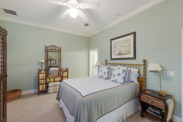 carpeted bedroom with ceiling fan and crown molding