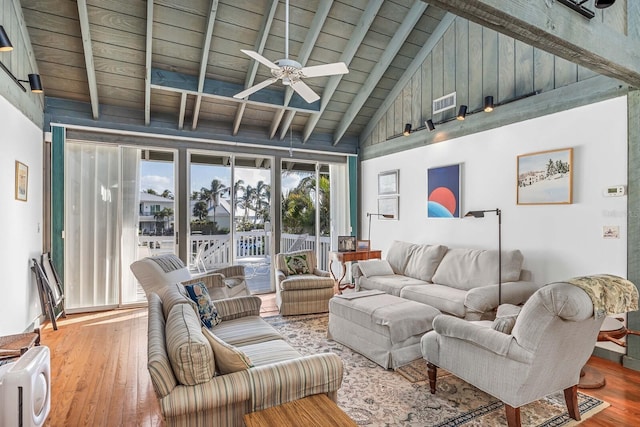 living room with wooden ceiling, wood-type flooring, ceiling fan, high vaulted ceiling, and beam ceiling