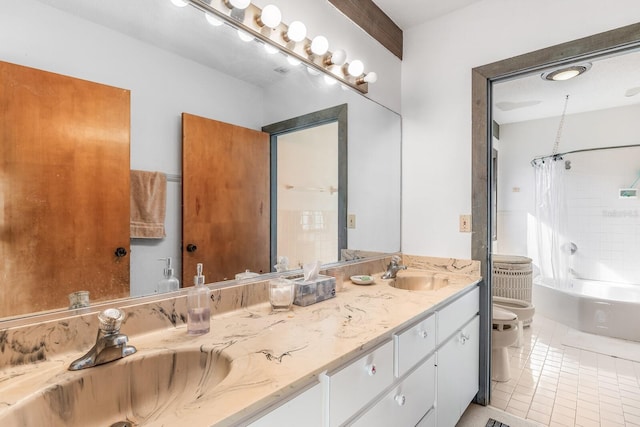 full bathroom with toilet, tile patterned flooring, a bidet, shower / bath combo, and vanity