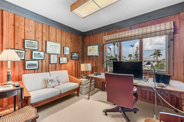 office space with wooden walls and light colored carpet