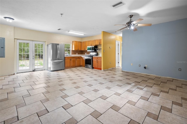 kitchen with stainless steel appliances, french doors, decorative backsplash, ceiling fan, and electric panel