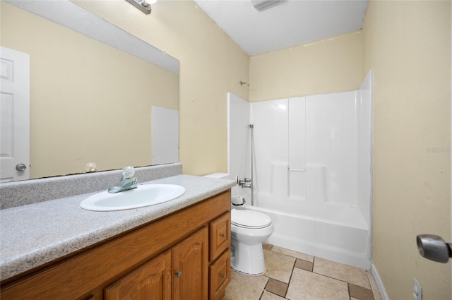 full bathroom with toilet, bathing tub / shower combination, tile patterned flooring, and vanity