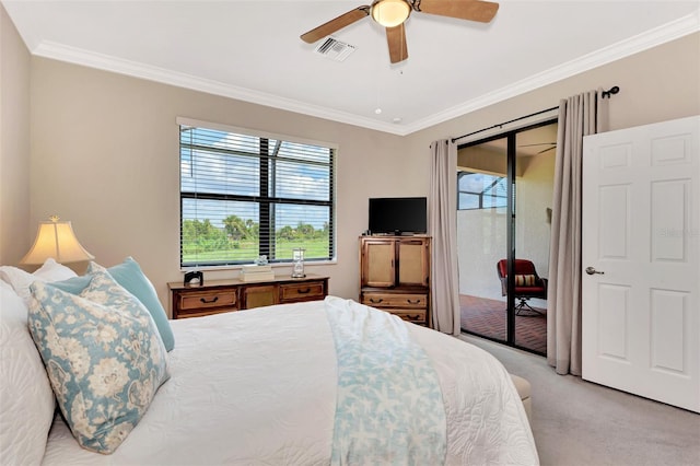 bedroom featuring ceiling fan, crown molding, access to outside, and light carpet