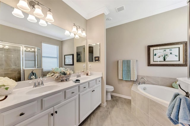 full bathroom with ornamental molding, separate shower and tub, vanity, and toilet