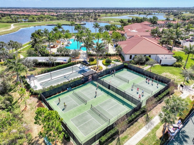 bird's eye view with a water view