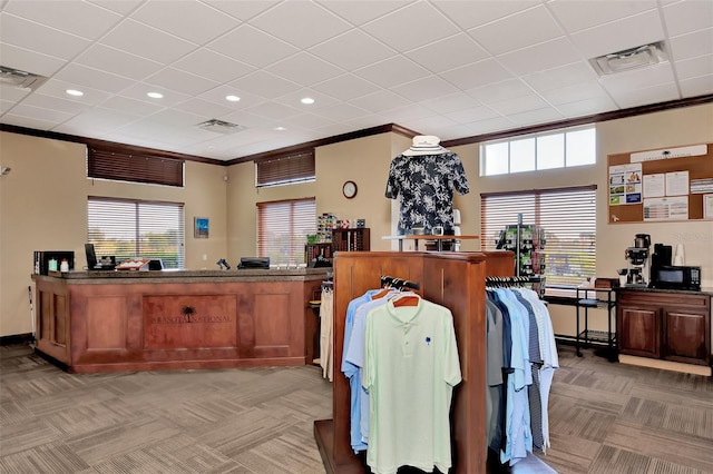 kitchen featuring light colored carpet, crown molding, and a wealth of natural light