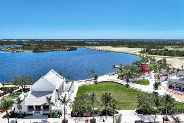 drone / aerial view with a water view