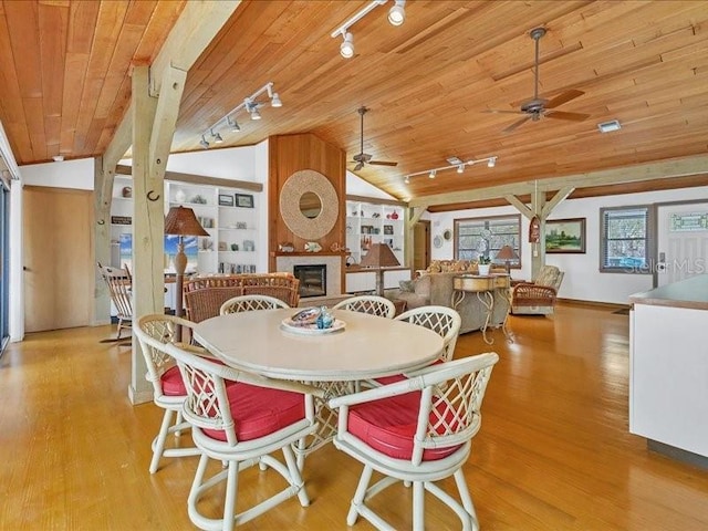 dining area with lofted ceiling, wood ceiling, and light hardwood / wood-style floors