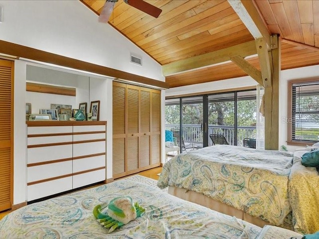 bedroom with access to exterior, high vaulted ceiling, light hardwood / wood-style flooring, and wooden ceiling