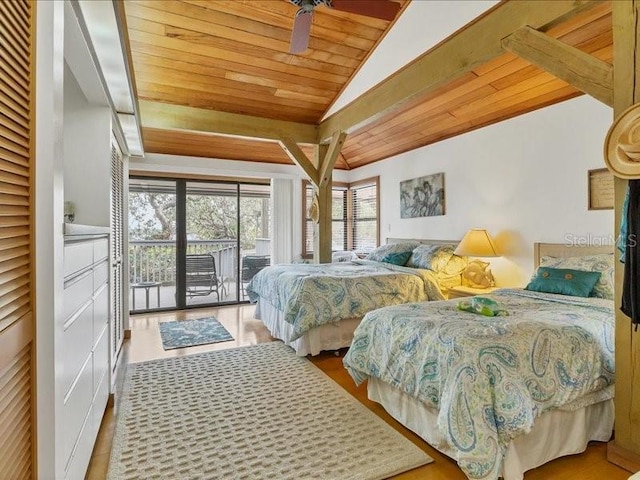 bedroom with lofted ceiling, access to exterior, and wood ceiling