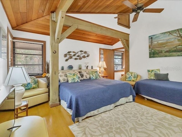 bedroom with lofted ceiling, wooden ceiling, ceiling fan, and light wood-type flooring