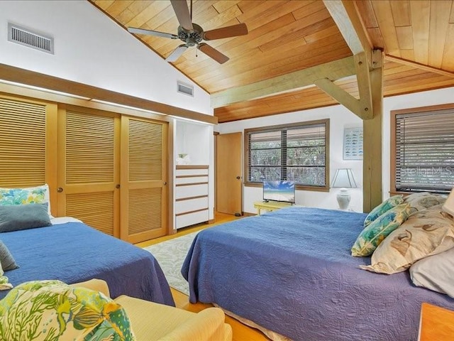 bedroom with wood ceiling, ceiling fan, lofted ceiling, and light hardwood / wood-style flooring