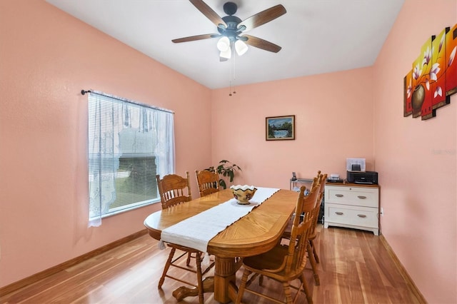 dining area featuring ceiling fan, a wealth of natural light, and light hardwood / wood-style floors