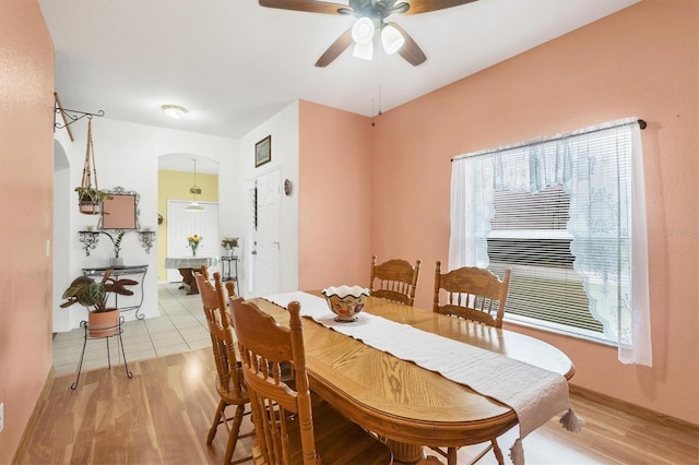 dining room featuring ceiling fan and light hardwood / wood-style floors