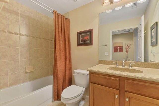 full bathroom with toilet, vanity, and shower / bath combo with shower curtain