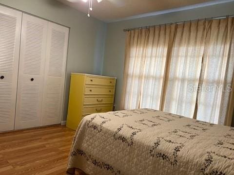 bedroom with light wood finished floors, a ceiling fan, and a closet