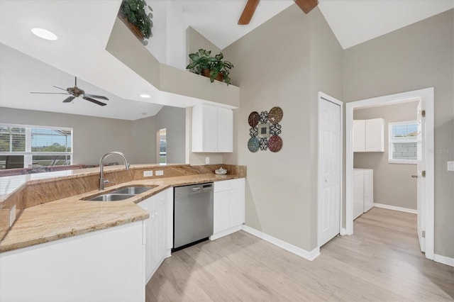 kitchen with kitchen peninsula, light wood-type flooring, stainless steel dishwasher, white cabinets, and sink