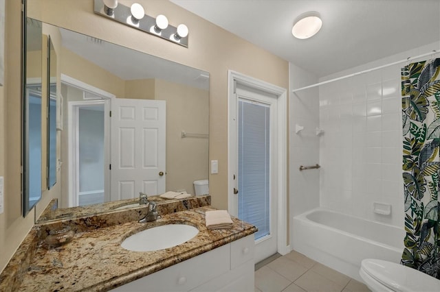 full bathroom with toilet, tile patterned floors, vanity, and shower / bath combo with shower curtain