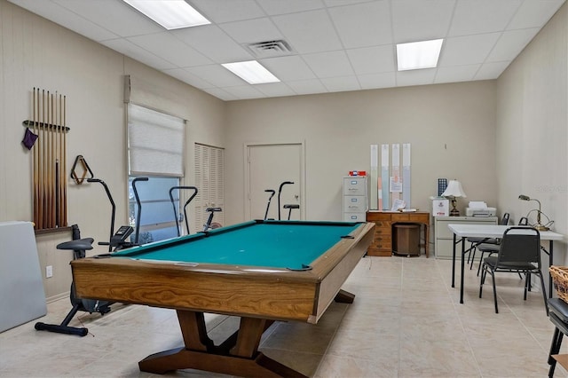 playroom with billiards and a drop ceiling