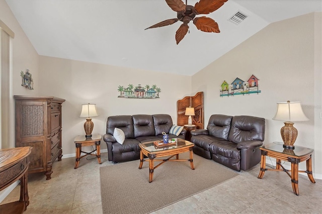 living room with ceiling fan and lofted ceiling