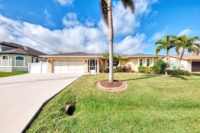 ranch-style house featuring a garage and a front yard