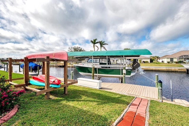 dock area featuring a water view and a yard